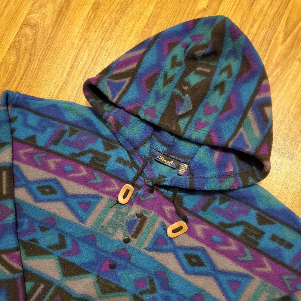 Vintage 90s Aztec Fleece Sweater Jacket Women Medium Geometric Architect‎